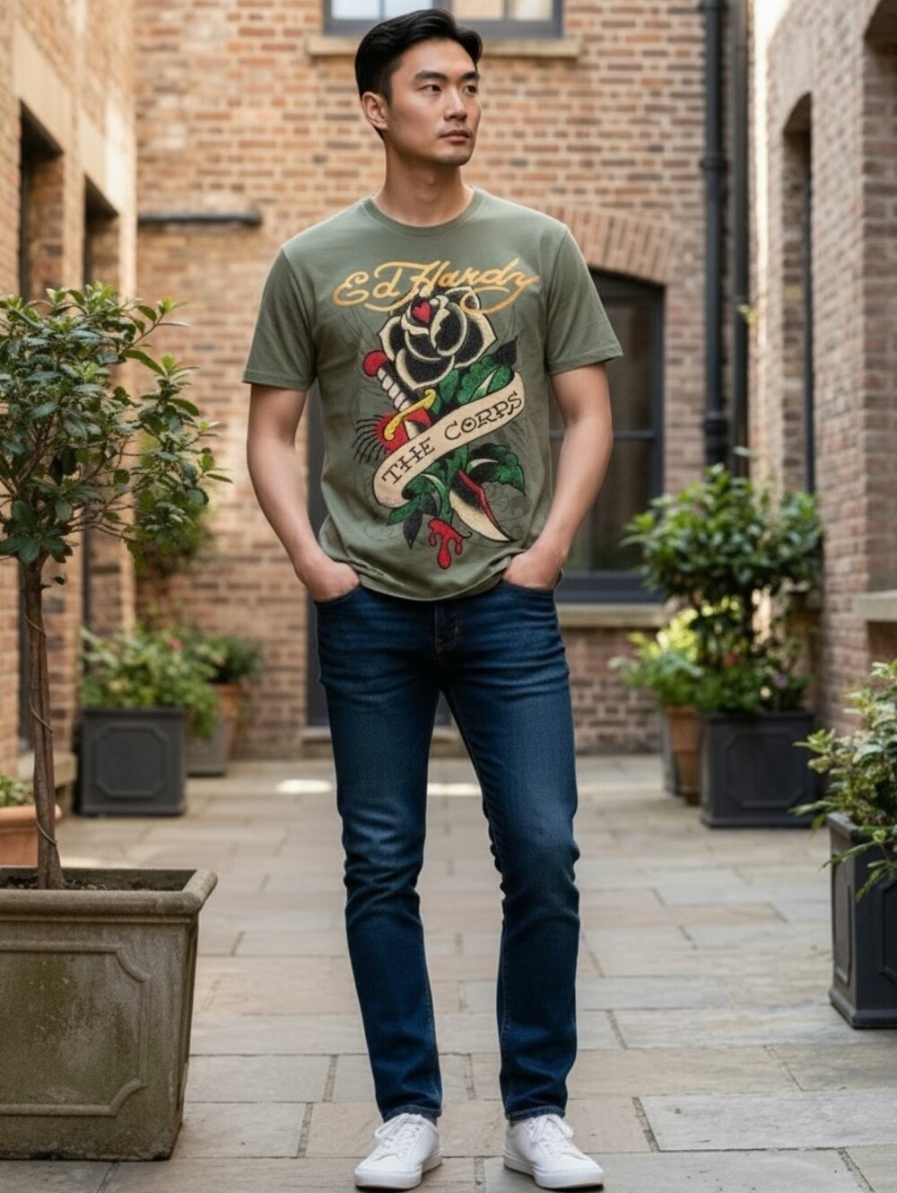 Ed Hardy Olive Short-Sleeve Tee with Bold Floral Dagger Graphic